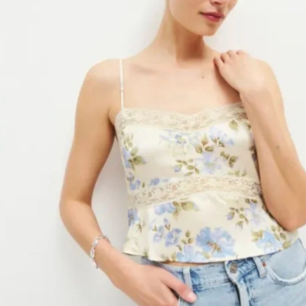 Reformation Cream Floral Lace-Trim Camisole with Blue Flowers